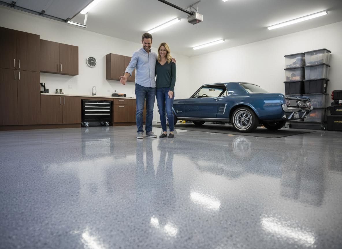 Happy Couple in Modern Garage with Classic Car and Epoxy Floor