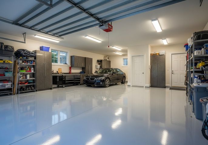 garage with epoxy flooring