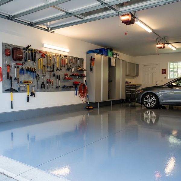 a garage with epoxy flooring a garage with epoxy flooring