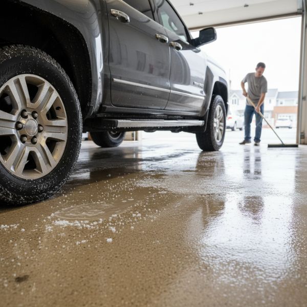 A man sweeps water and salt off a garage floor while a truck is parked nearby, showing resistance to winter elements. A man sweeps water and salt off a garage floor while a truck is parked nearby, showing resistance to winter elements.