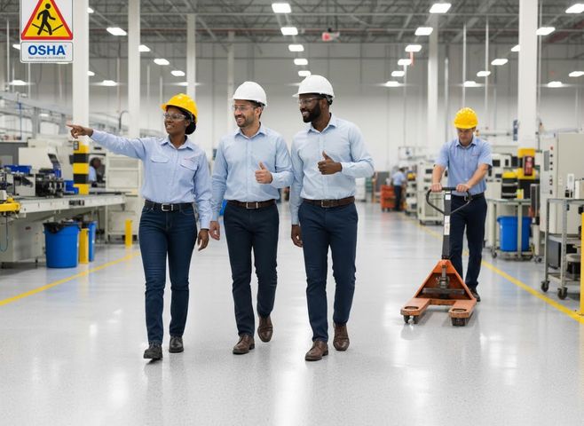 Three diverse factory workers in hard hats and safety glasses walk through a clean manufacturing plant. One points, two give thumbs up, with an OSHA sign. Manufacturing Team Walkthrough with OSHA Sign