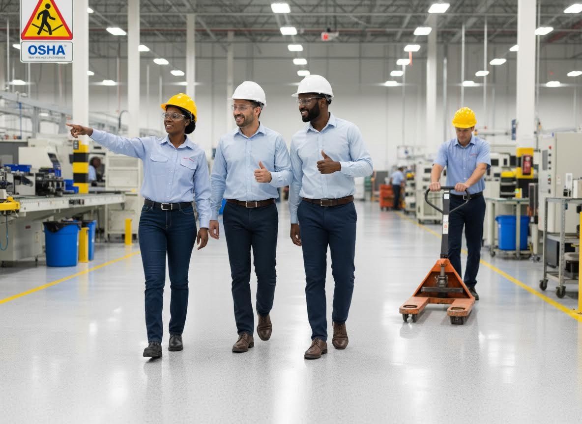 Manufacturing Team Walkthrough with OSHA Sign