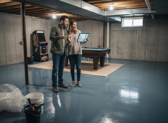 A couple stands in a basement with a newly painted glossy blue-grey floor, looking at a tablet, with a pool table and arcade game nearby. Couple discussing renovation in basement