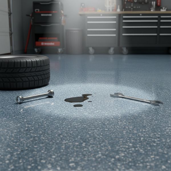a durable epoxy garage floor with a tire, tools, and a small oil spill on the surface