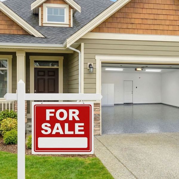 A "FOR SALE" sign in front of a house, with a clean garage featuring an epoxy floor