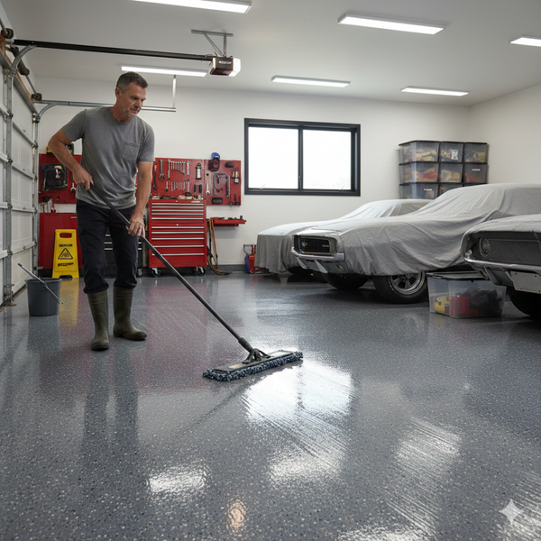 A man mopping his epoxy flooring