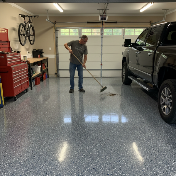 A man sweeping his epoxy flooring