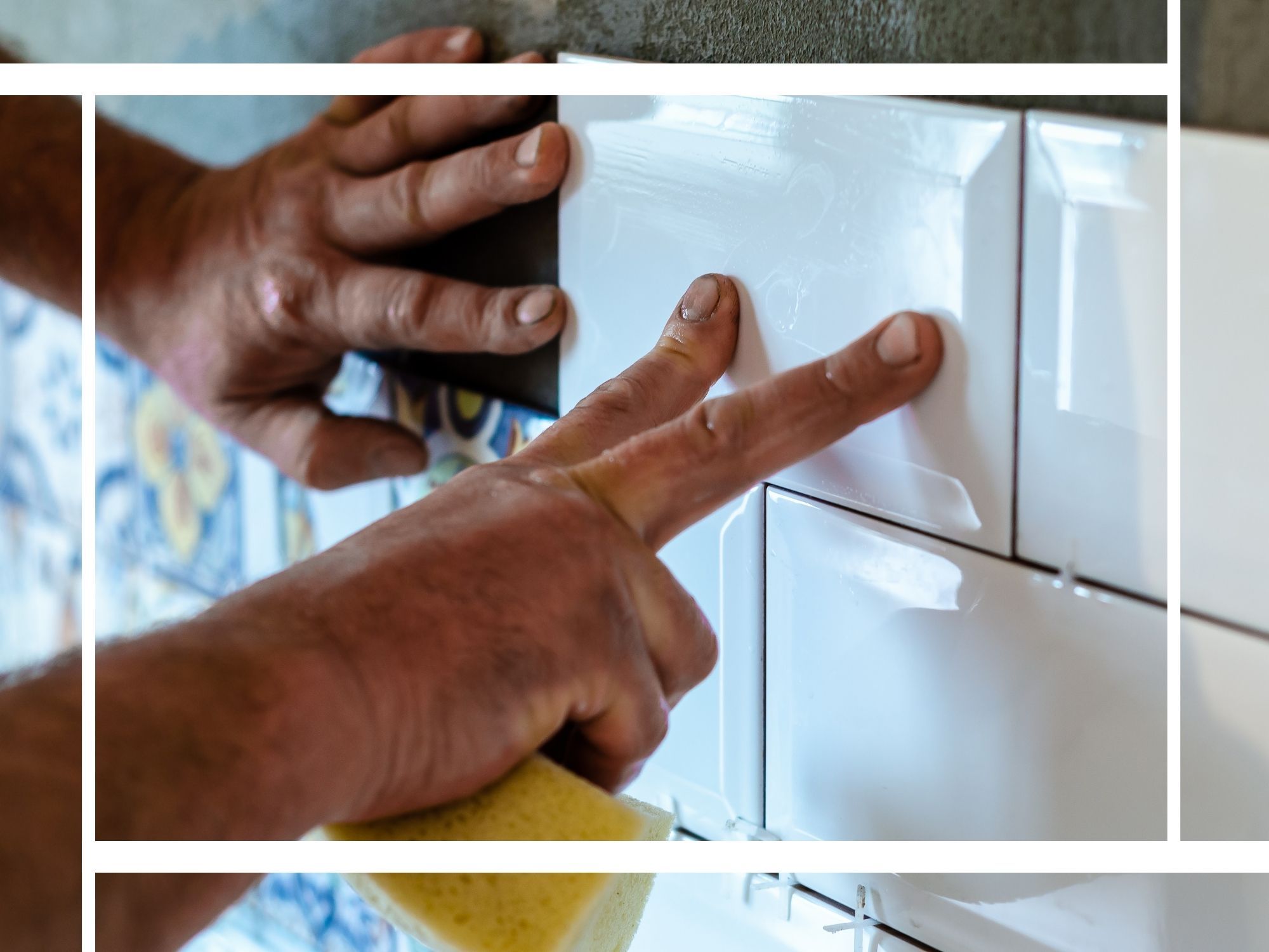 close-up of a craftsman's hands precisely installing glossy white beveled subway tiles on a kitchen wall, demonstrating high-quality tile installation work