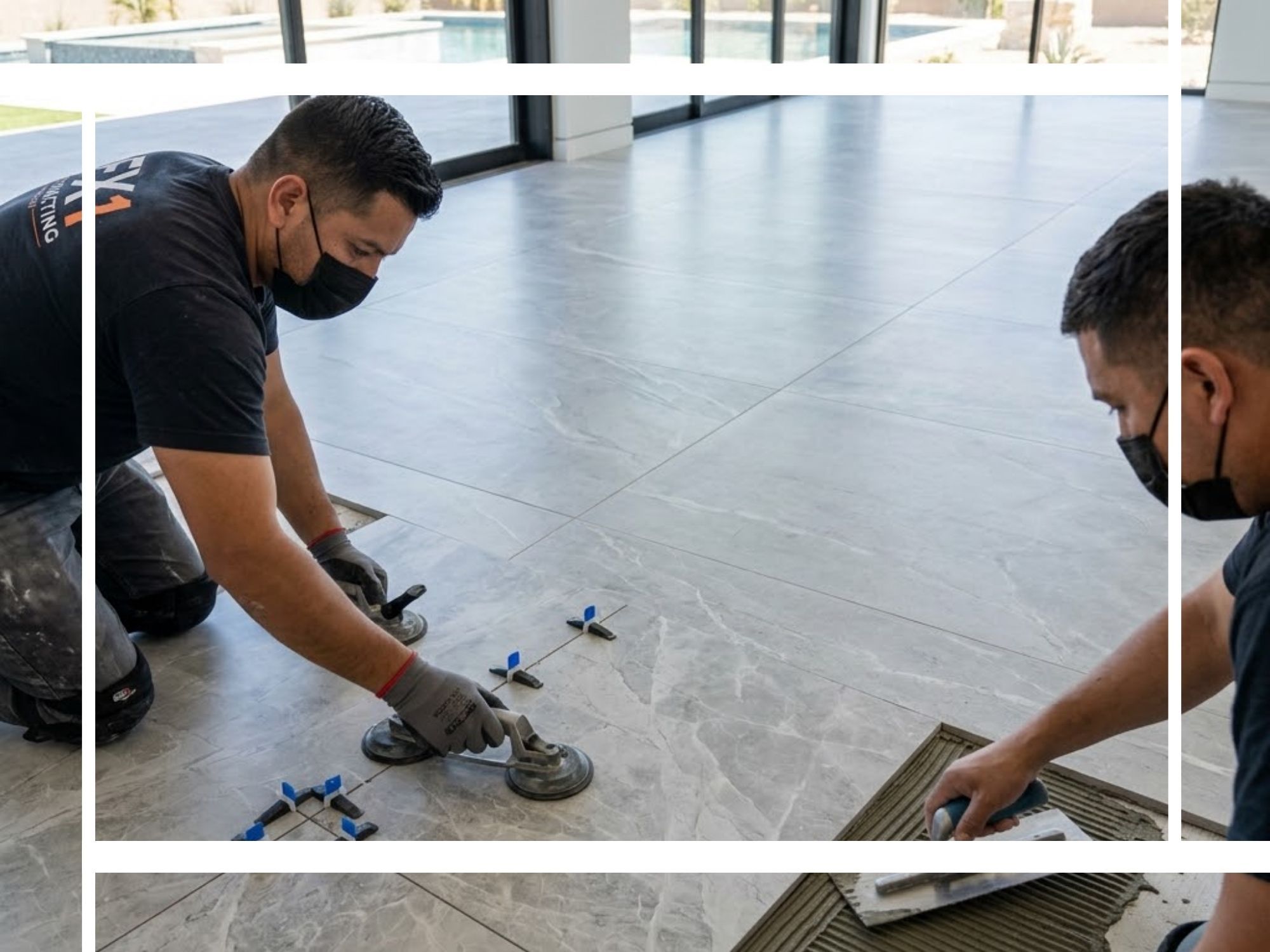 A square, focused close-up showing FX1 Contracting specialists using heavy-duty suction cups and precise leveling tools to set massive, light grey ceramic panels on a spacious Phoenix living room floor.