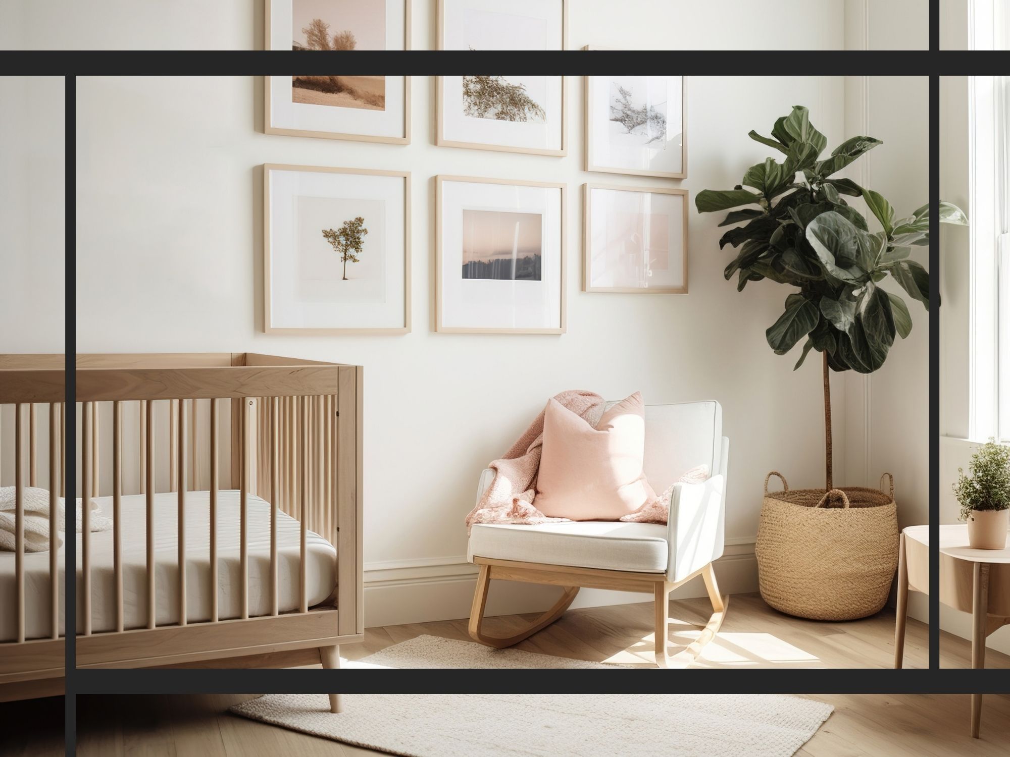 A serene and minimalist nursery design featuring a light wood crib, a modern white rocking chair with a pink throw, and a gallery wall of nature-inspired framed art.