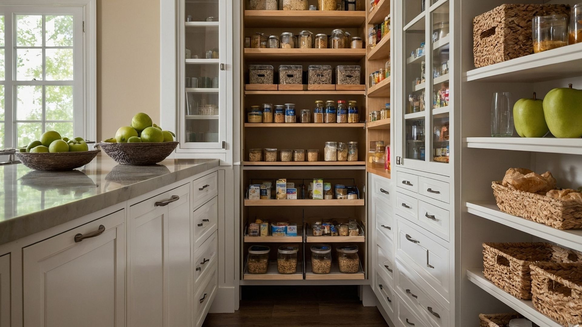 A meticulously organized walk-in kitchen pantry featuring custom white cabinetry, natural wood shelving stocked with glass storage jars, and woven wicker baskets for a clean, gourmet look.