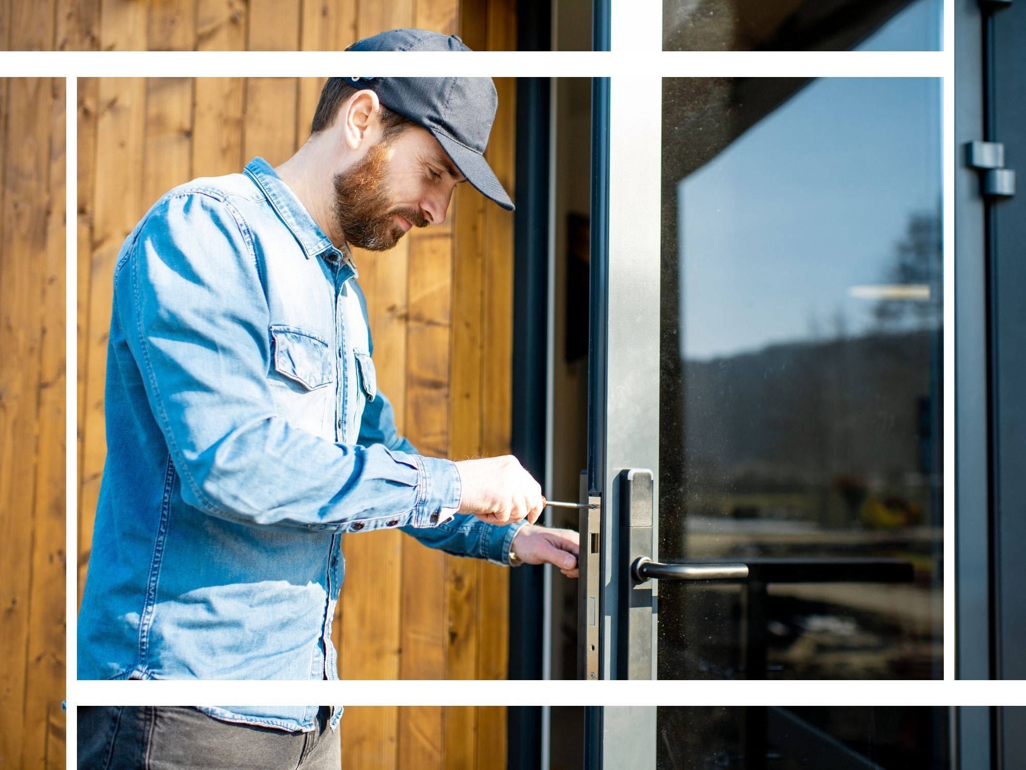 handyman using a screwdriver to adjust the lock mechanism on a modern glass-paneled door