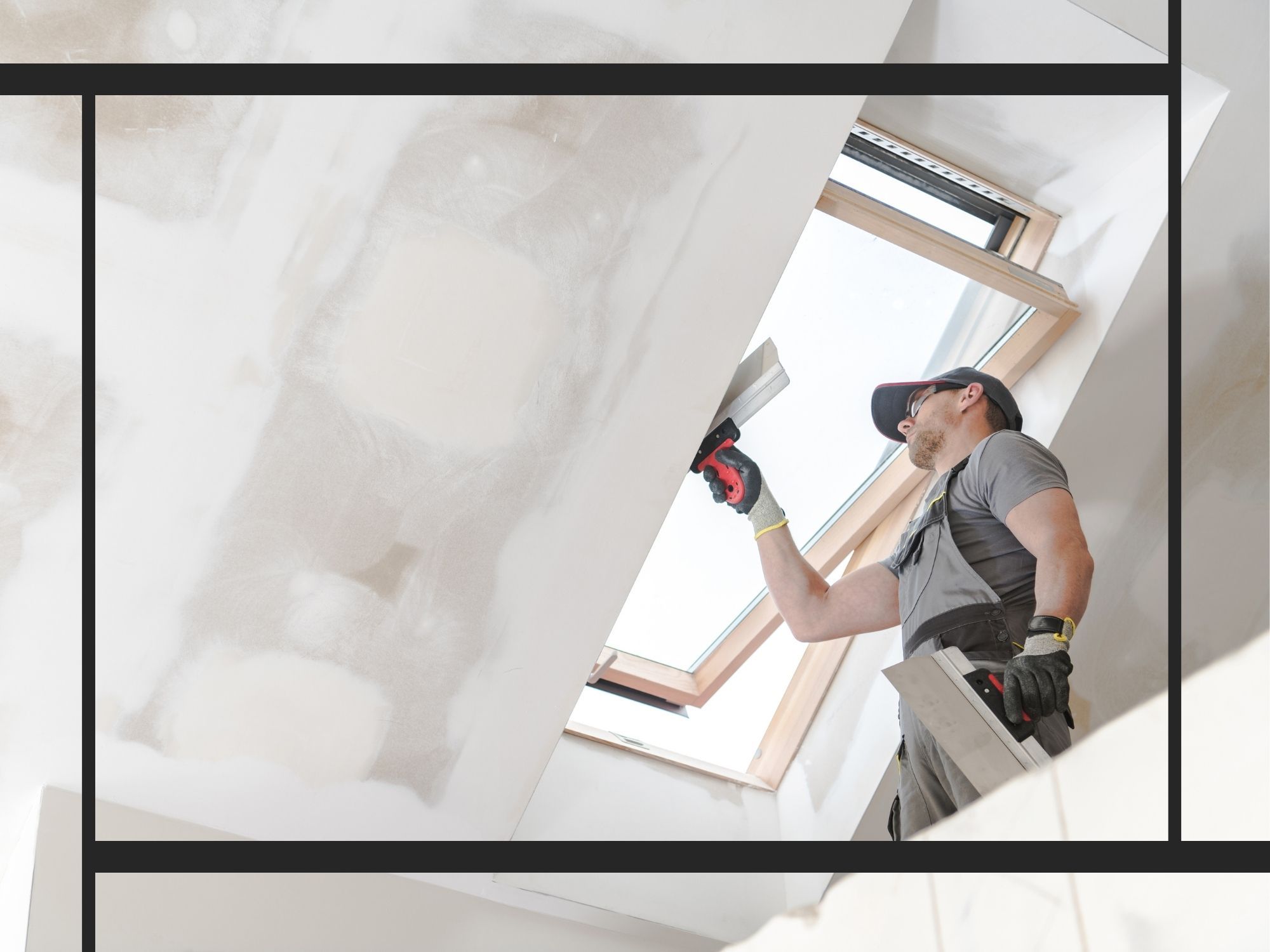 A professional painter or drywaller in gray overalls and a cap using a trowel to apply finishing compound to a high ceiling near a modern skylight.