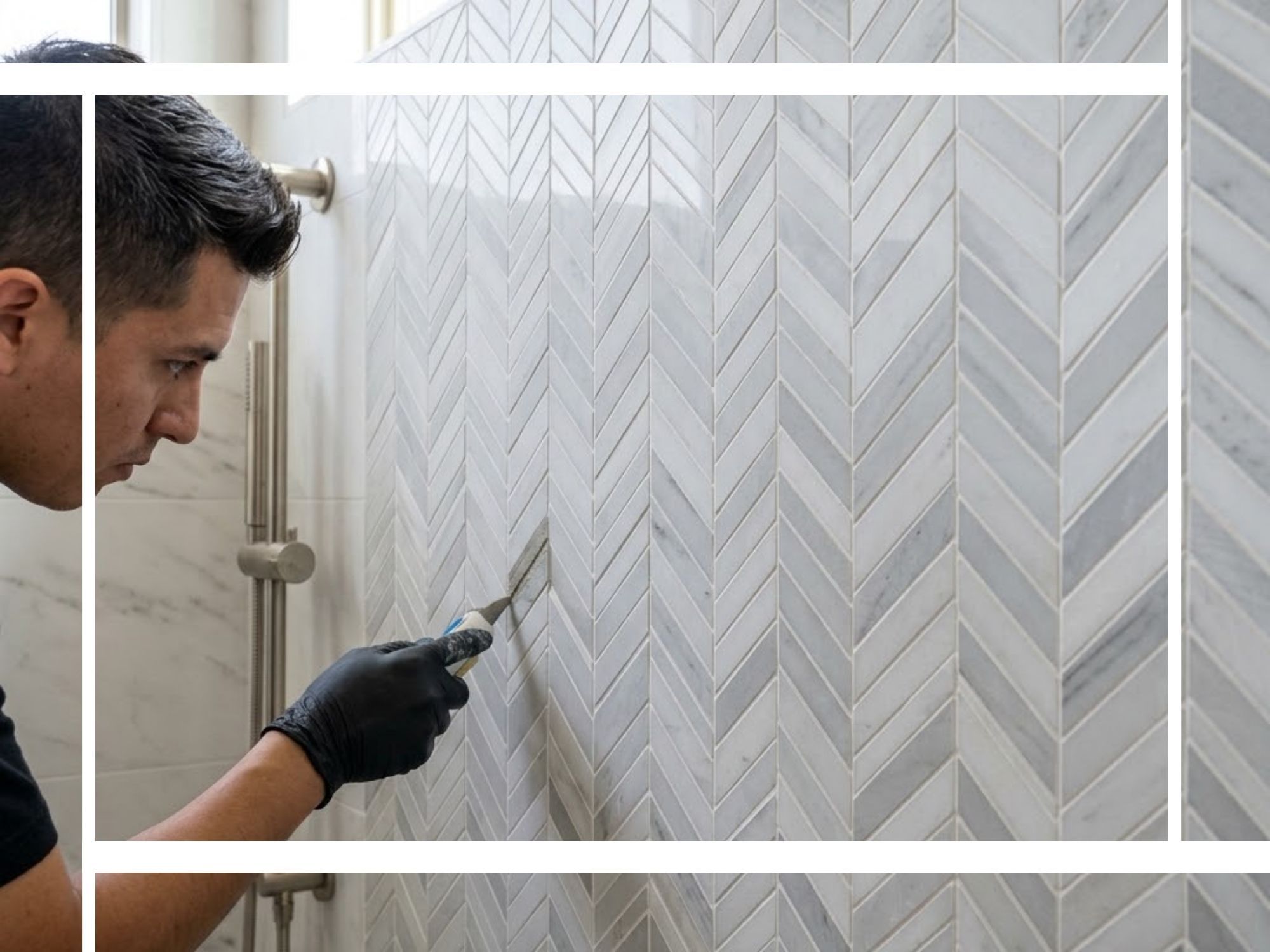 A square close-up photograph capturing the meticulous installation of a complex mosaic herringbone tile pattern in a luxury Phoenix bathroom shower.