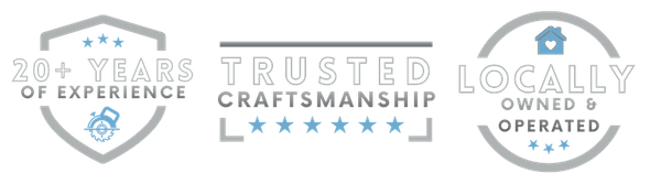 A set of three silver and blue service badges for "20+ Years of Experience," "Trusted Craftsmanship," and "Locally Owned & Operated" on a transparent background.