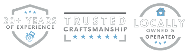 A set of three silver and blue service badges for "20+ Years of Experience," "Trusted Craftsmanship," and "Locally Owned & Operated" on a transparent background.