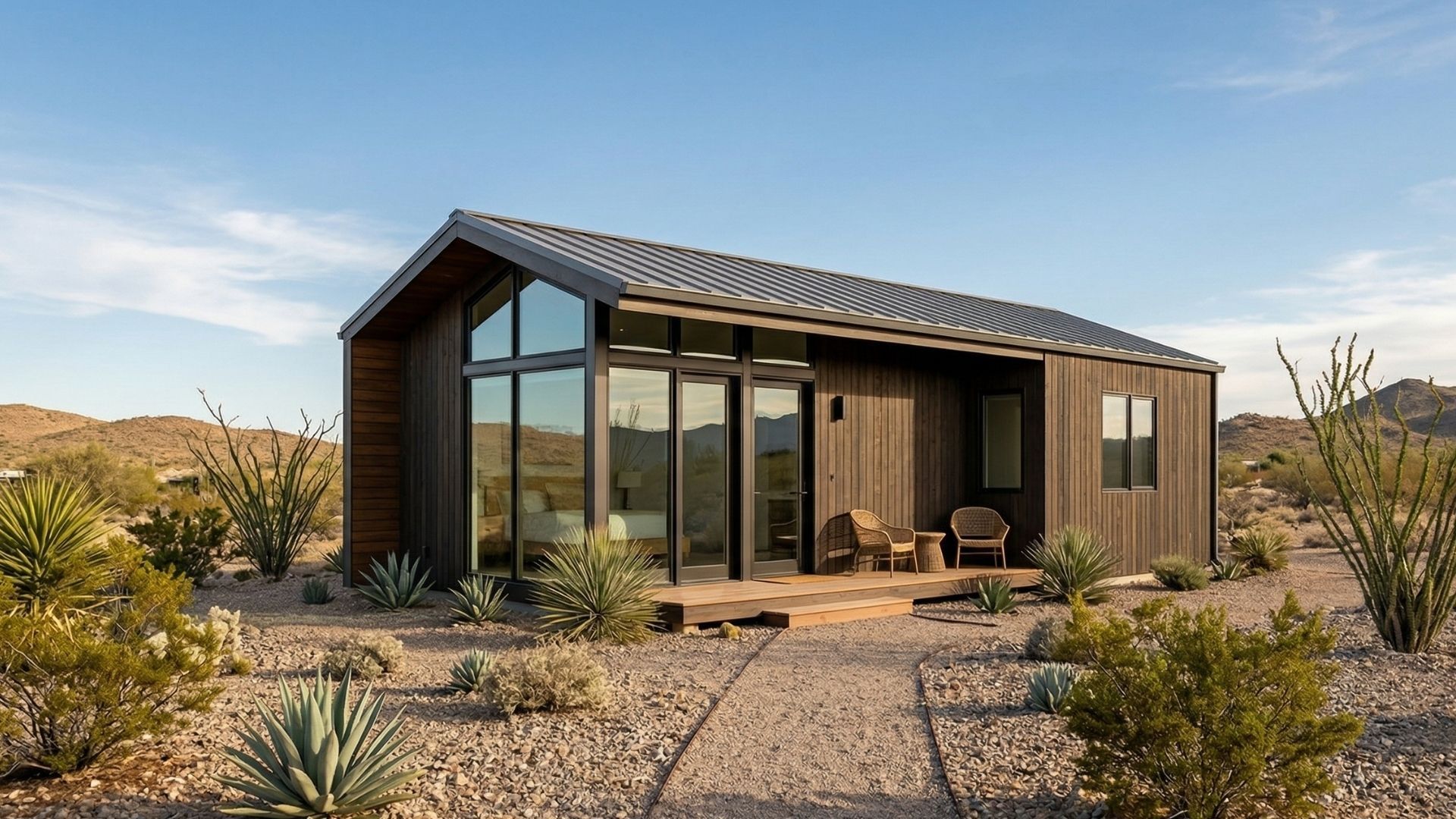architectural photograph of a modern guest house (casita) with dark wood siding and a metal roof