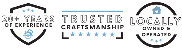 High-contrast black and blue service icons highlighting "20+ Years of Experience," "Trusted Craftsmanship," and "Locally Owned & Operated"