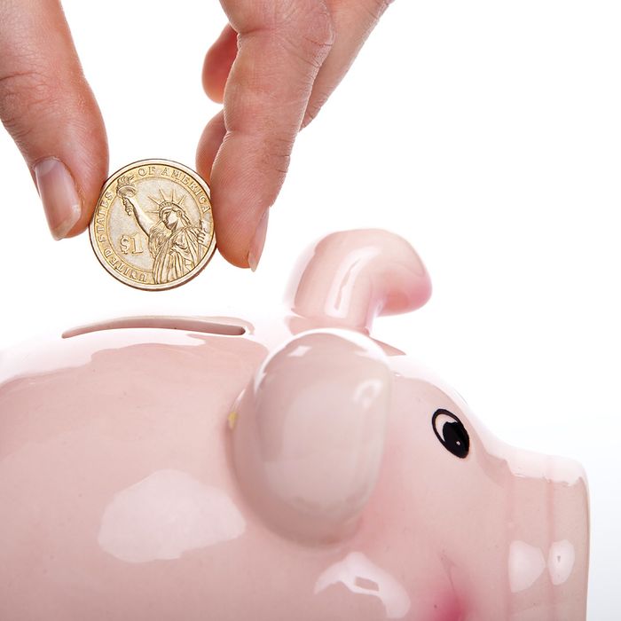 Person putting a coin into a pink piggy bank