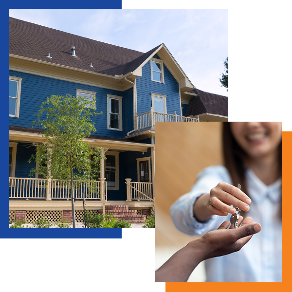 nice home and woman handing another woman keys to a home