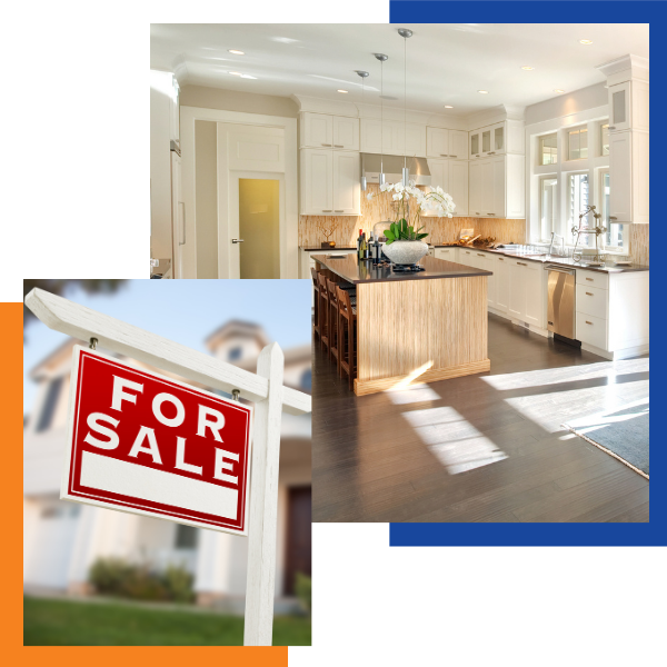 interior of home and "for sale" sign in front of home