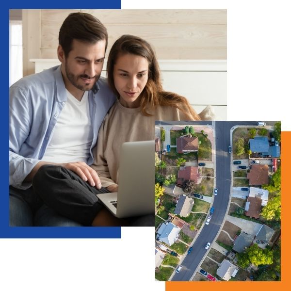 couple looking at laptop and aerial view of neighborhood