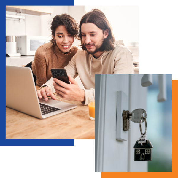 couple looking at phone and home key in door