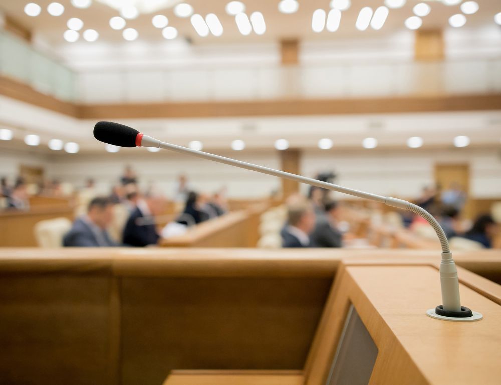 A mic stand in a court room