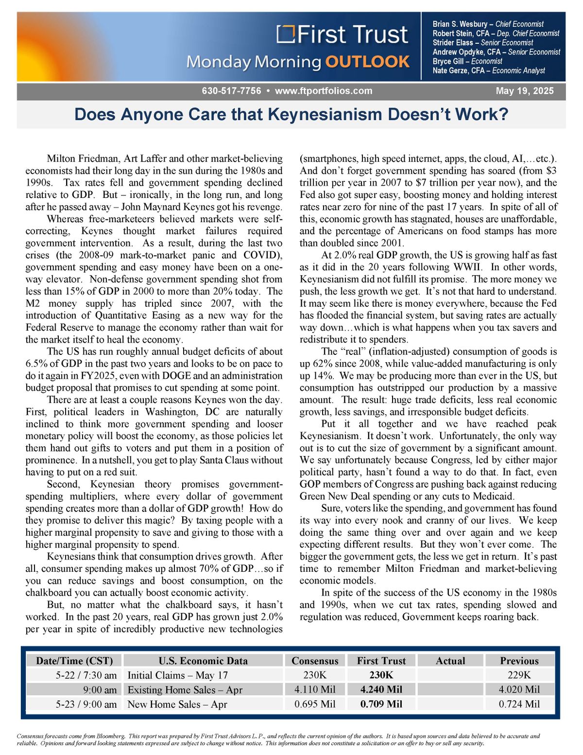 Economic commentary discussing Keynesianism, U.S. government spending, and recent data on jobless claims and home sales First Trust Monday Morning Outlook – May 19, 2025