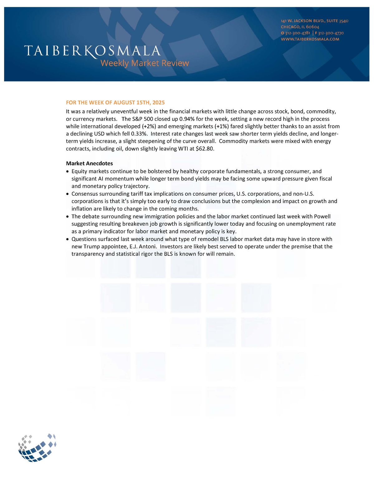 Weekly Market Review by Taiber Kosmala – August 15, 2025