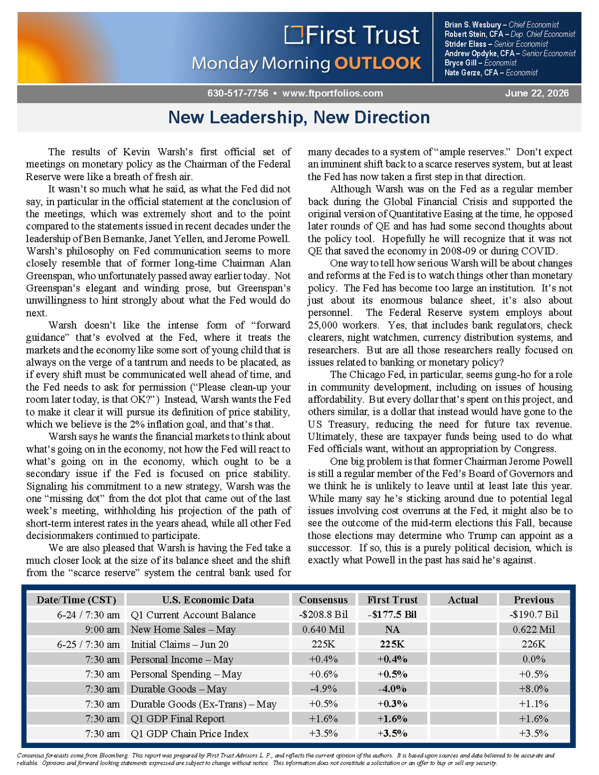 First Trust Monday Morning Outlook featuring economic commentary and market outlook by Brian Wesbury