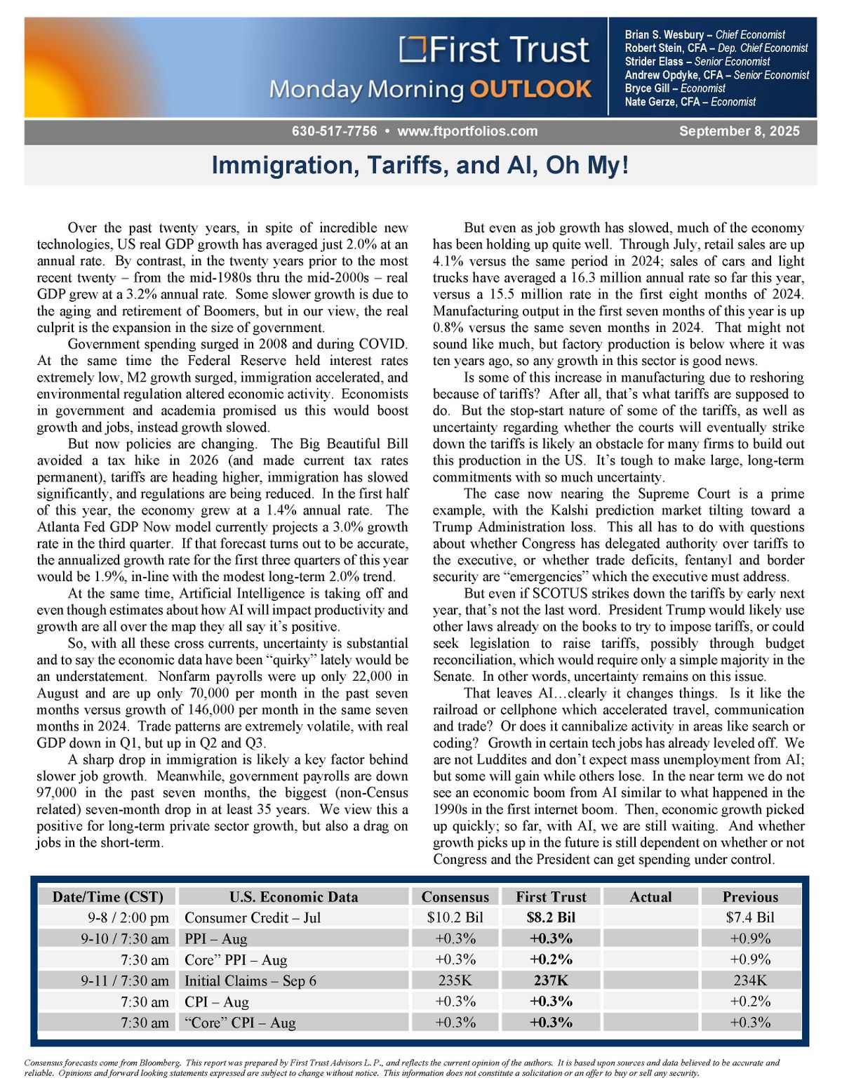First Trust Monday Morning Outlook on immigration, tariffs, AI impact, and U.S. economic growth in September 2025. First Trust Monday Morning Outlook – Immigration, Tariffs, and AI