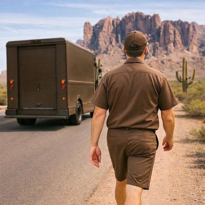 UPS delivery driver on Arizona desert road with Superstition Mountains, representing WCTP pension planning — J. Martin Wealth Management. UPS driver walking toward delivery truck in Arizona desert landscape