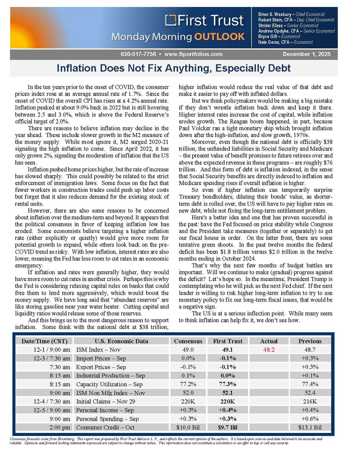 First Trust Monday Morning Outlook Report on Inflation Trends
