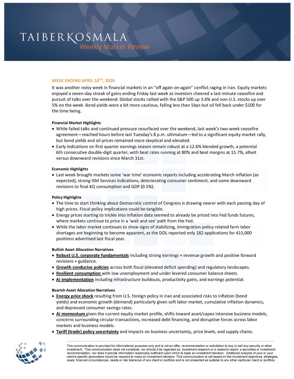 Taiber Kosmala Weekly Market Review April 10 2026 — equity rally, Iran ceasefire, inflation data