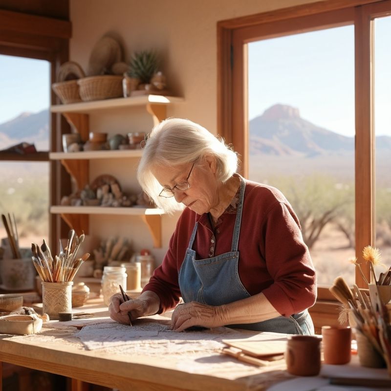 Senior Woman Working on Crafts in a Sunlit Room with Arizona Landscape