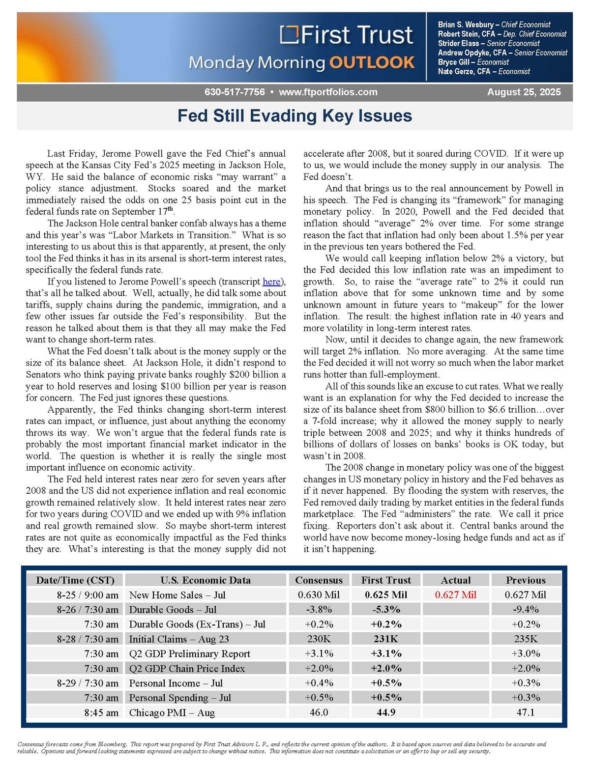 First Trust Monday Morning Outlook report discussing Fed policy, interest rates, and economic data for August 25, 2025. First Trust Monday Morning Outlook Fed Still Evading Key Issues