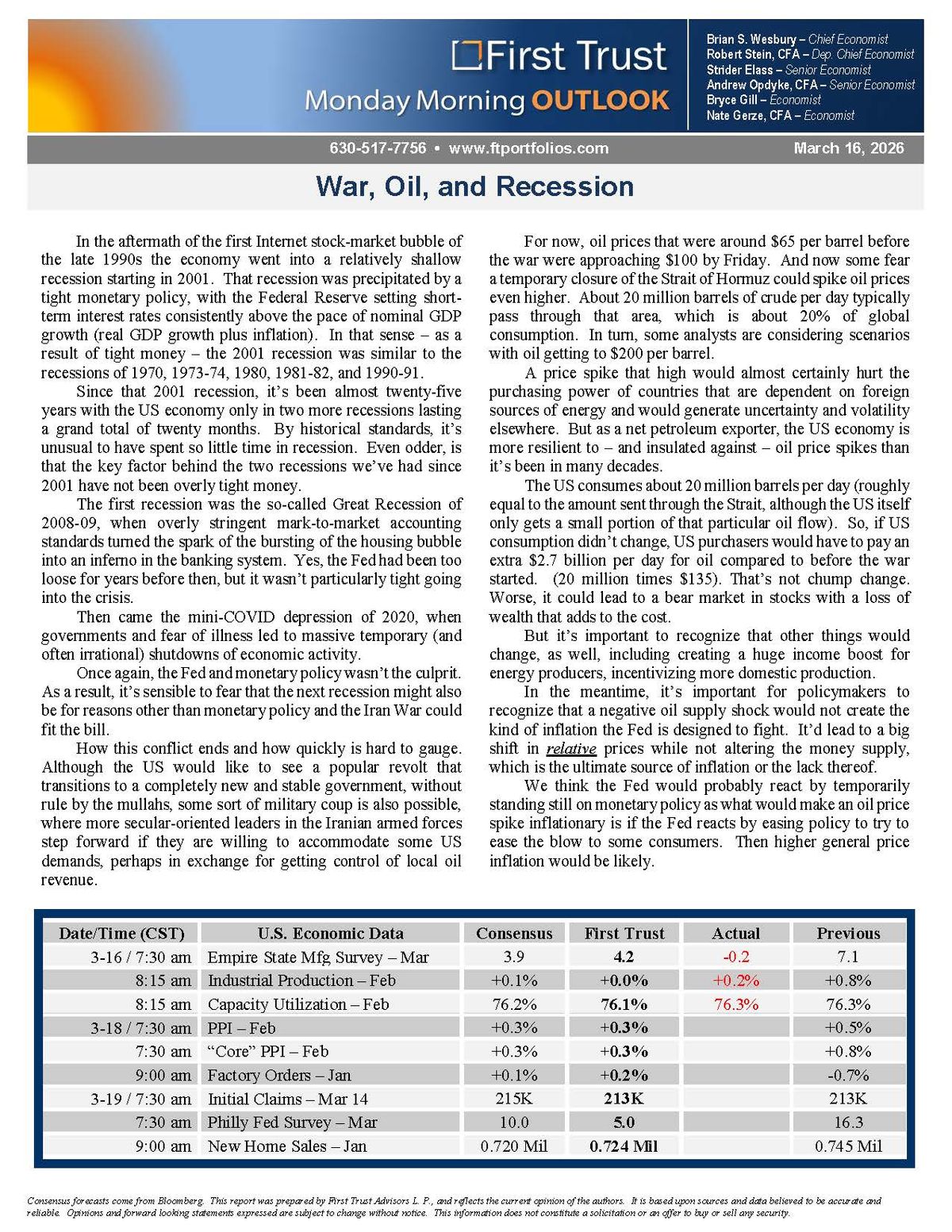 irst Trust Monday Morning Outlook | March 16, 2026