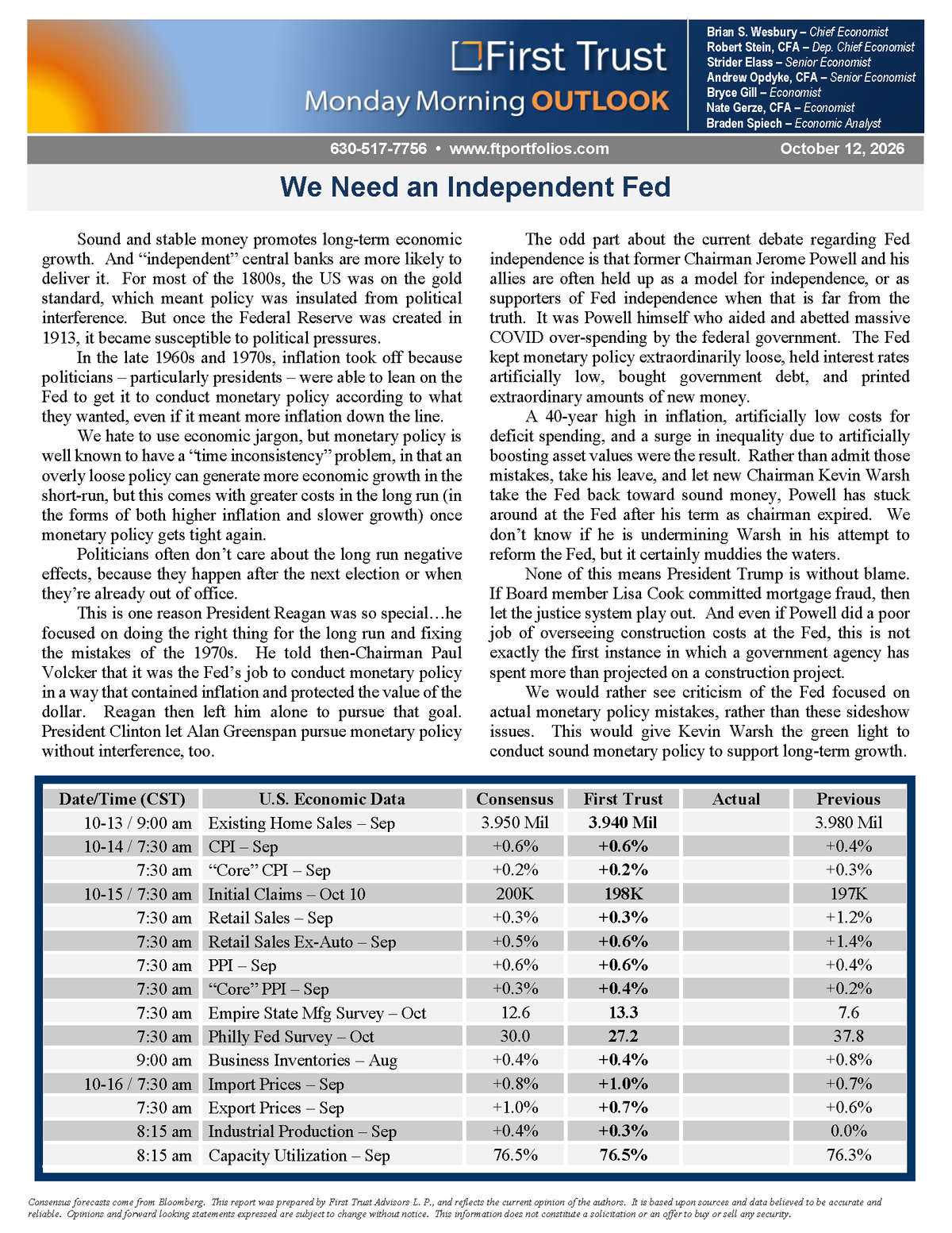First Trust Monday Morning Outlook – We Need an Independent Fed (10/12/2026)