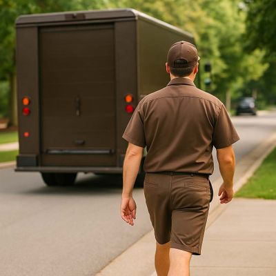 Brown-uniformed delivery driver walking toward truck, representing UPS employees planning for retirement in Arizona. ups-retirement-planning-support-arizona