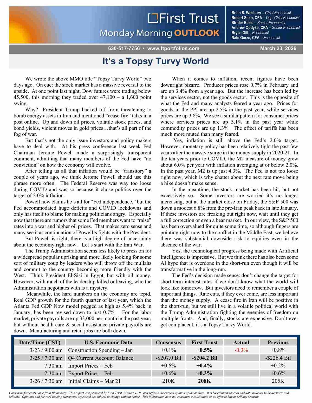 First Trust Monday Morning Outlook – March 23, 2026
