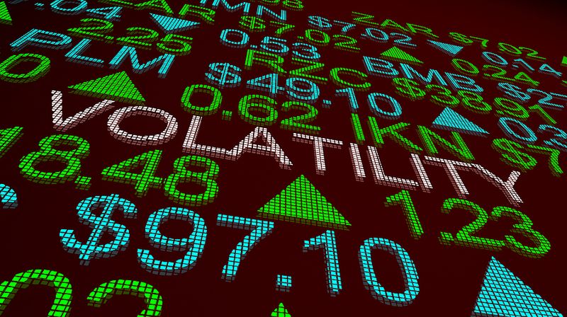 Digital stock market ticker with the word Volatility and fluctuating prices, highlighting market risk and investment swings