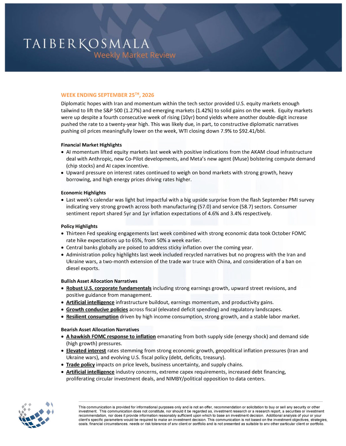 Taiber Kosmala Weekly Market Review – Market Data, Period Ending 9/25/2026