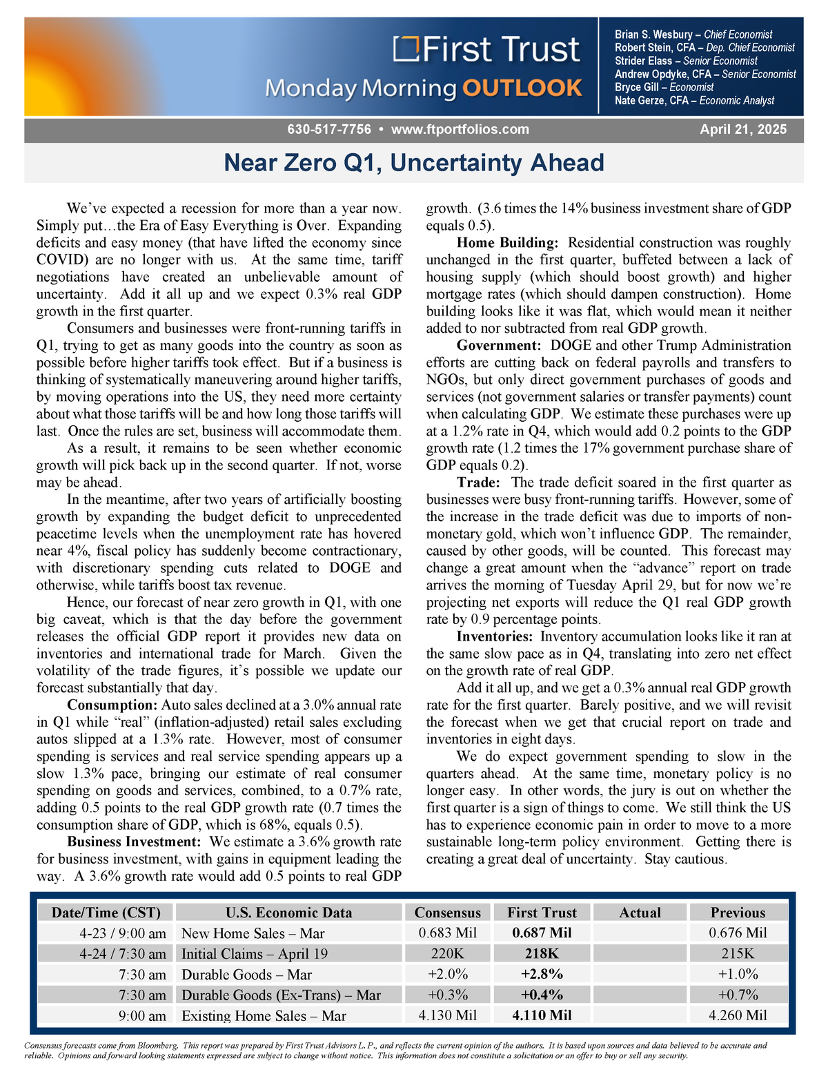 April 21 Economic Outlook – Q1 Growth & Market Uncertainty April 21 Economic Outlook – Q1 Growth & Market Uncertainty