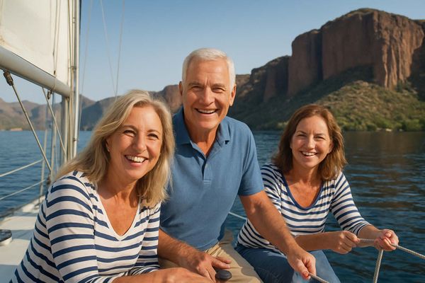 Three older adults sailing near Arizona cliffs, representing retirement lifestyle and smart financial planning Retired couple and friend sailing on Arizona lake, smiling and enjoying financial freedom in retirement