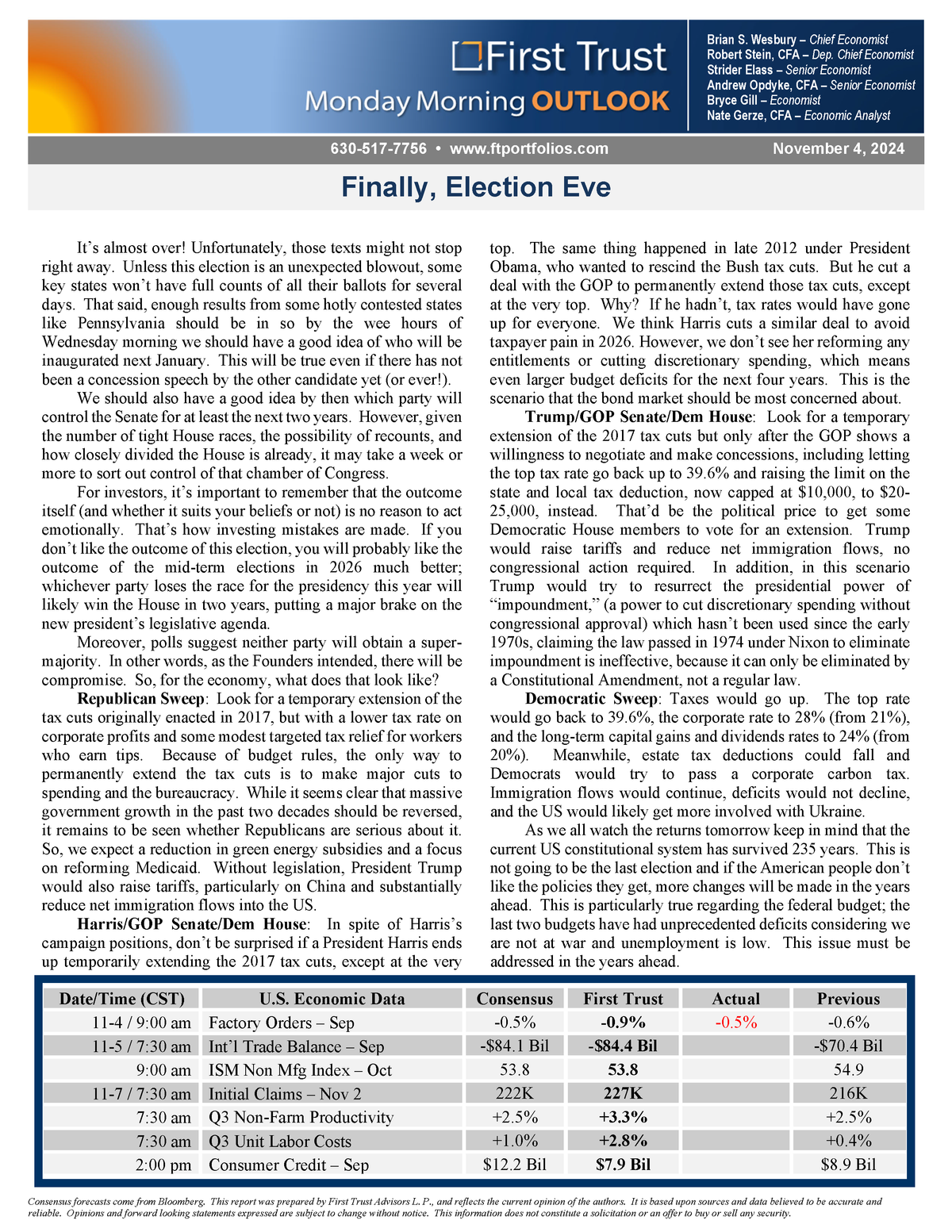 First Trust Monday Morning Outlook - Election Eve Insights, November 4, 2024