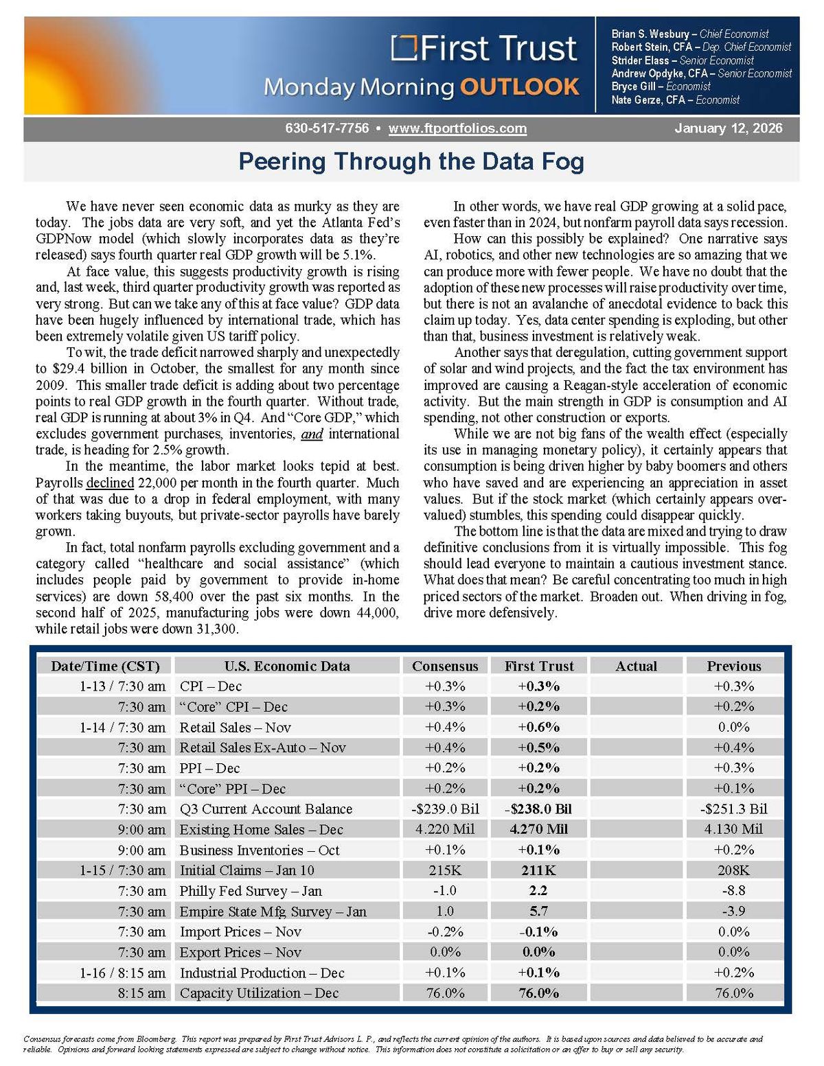 First Trust Monday Morning Outlook – Peering Through the Data Fog