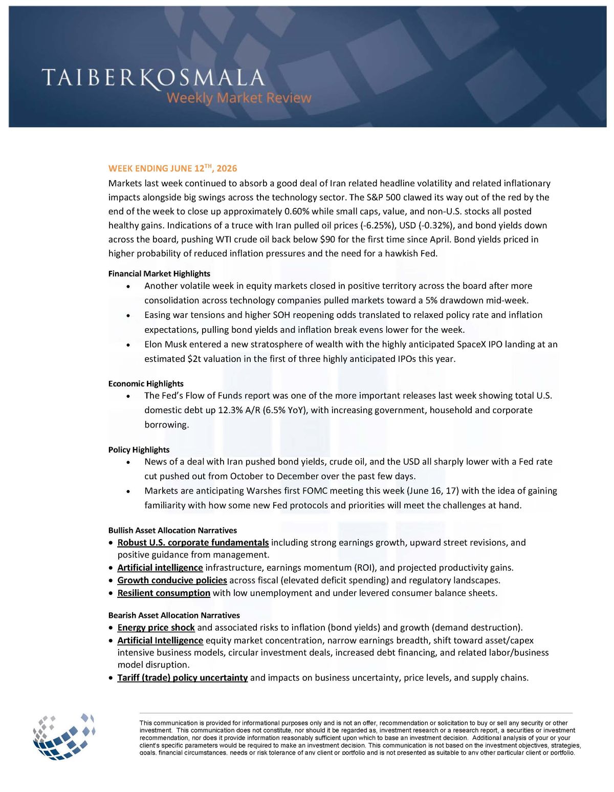 Taiber Kosmala Weekly Market Review — June 12, 2026 (Page 1)