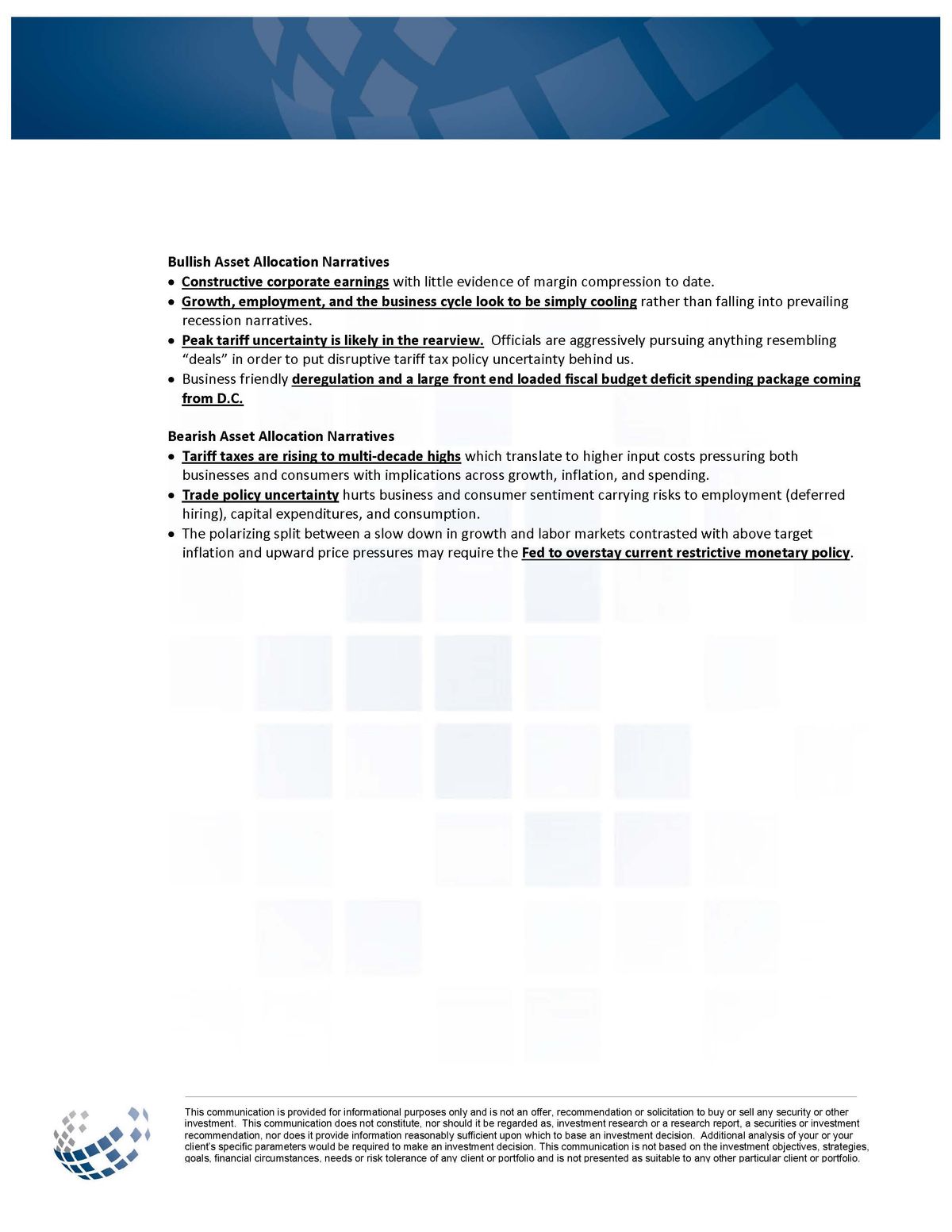 Bullish and bearish asset allocation narratives