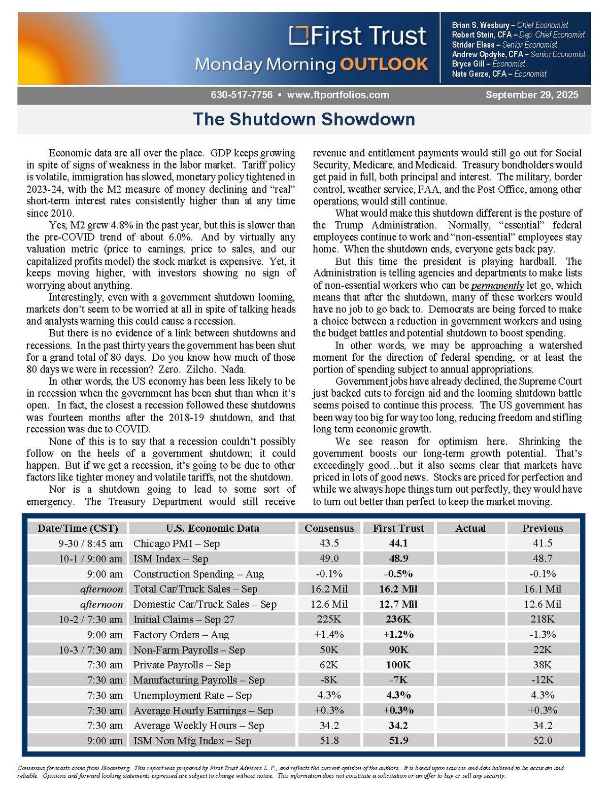 First Trust Monday Morning Outlook – September 29, 2025